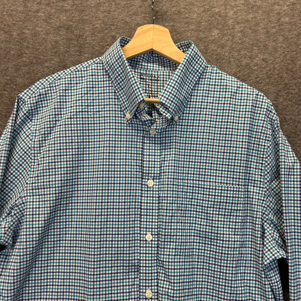 Brooks Brothers Mens Blue Teal Gingham Performance Stretch Button Down Shirt L